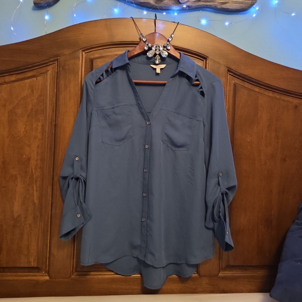 Candie's Blue Button-Down Shirt with Cut-Out Shoulders